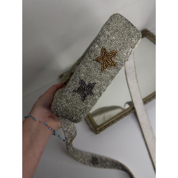 White Box Bag Purse with Stars / Gold Silver / Beaded / Zipper Closure / Handmad - Picture 3 of 10